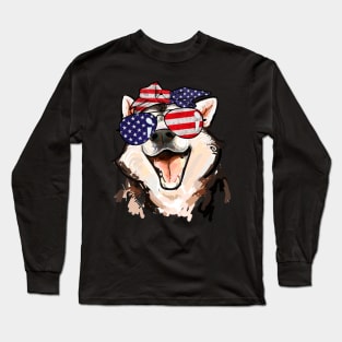 Siberian Husky American Flag Sunglasses July 4th Long Sleeve T-Shirt